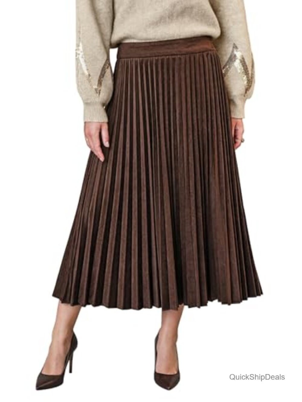 Pleated A-Line Velvet High Waist Midi Skirt